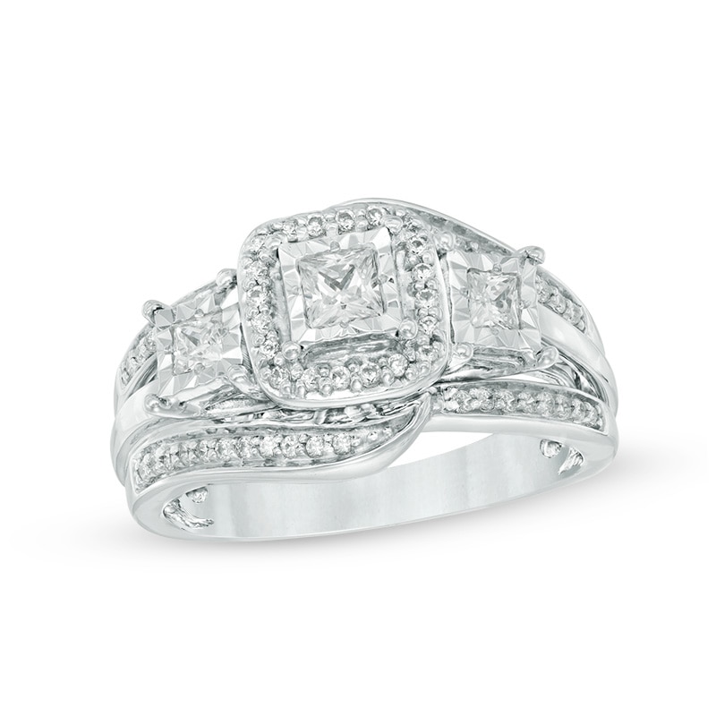 Previously Owned - 0.63 CT. T.W. Princess-Cut Diamond Square Frame Past Present Future® Three Stone Ring in 10K White Gold