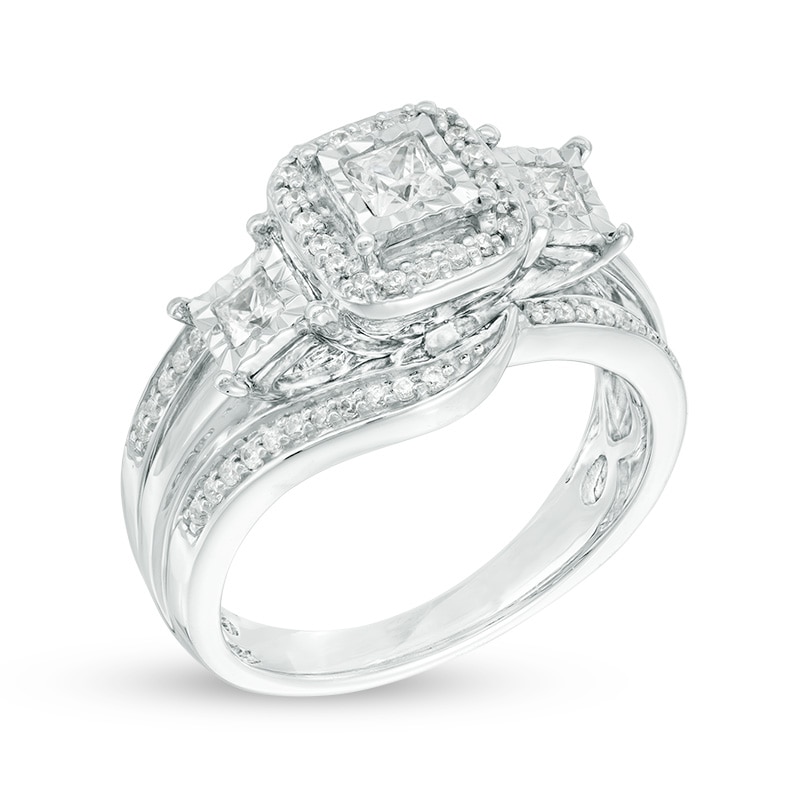 Previously Owned - 0.63 CT. T.W. Princess-Cut Diamond Square Frame Past Present Future® Three Stone Ring in 10K White Gold