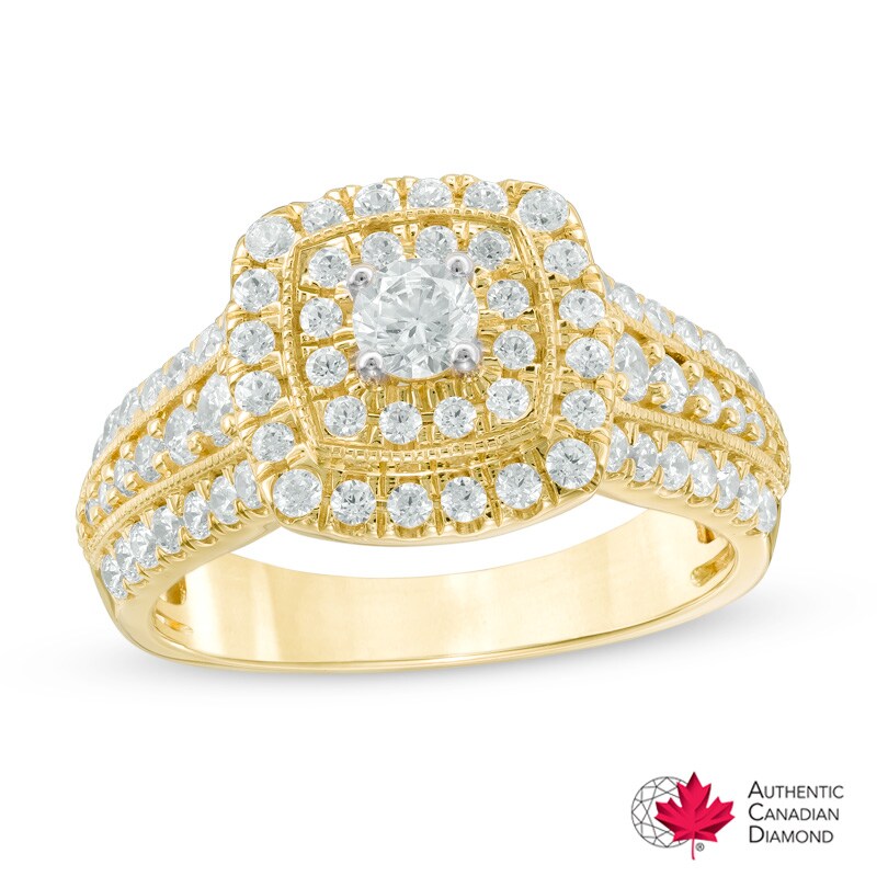 Previously Owned - 1.20 CT. T.W. Certified Canadian Diamond Double Square Frame Engagement Ring in 14K Gold (I/I2)