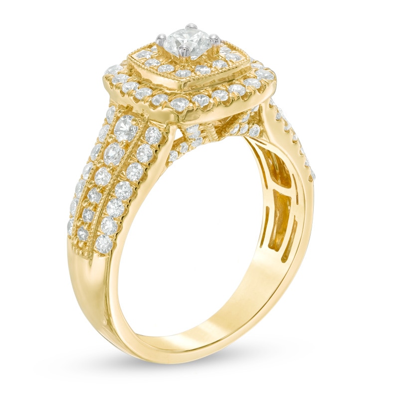 Previously Owned - 1.20 CT. T.W. Certified Canadian Diamond Double Square Frame Engagement Ring in 14K Gold (I/I2)