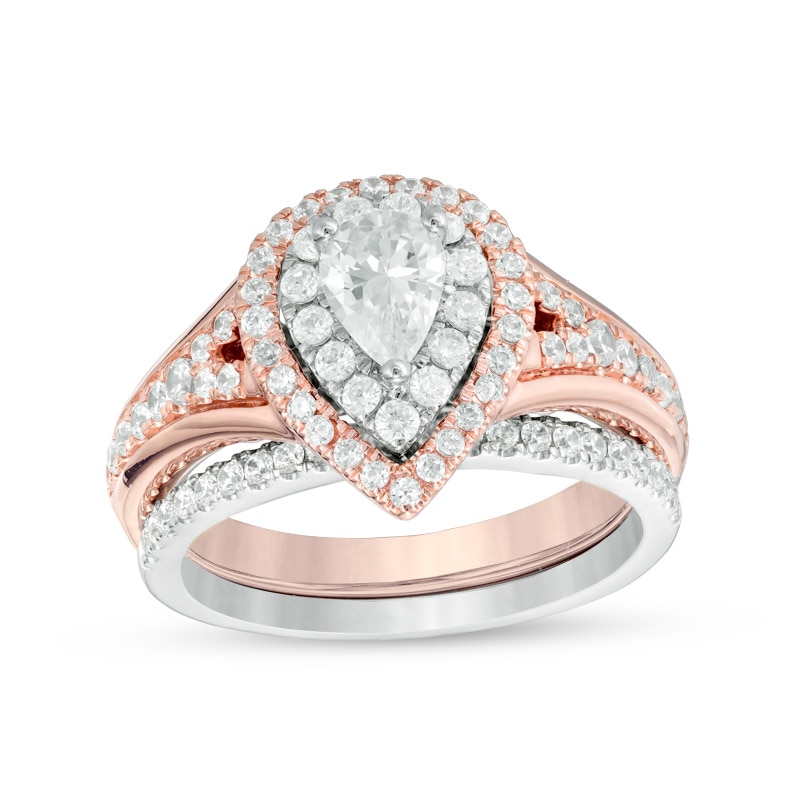 Previously Owned - 1.11 CT. T.W. Pear-Shaped Diamond Double Frame Bridal Set in 14K Two-Tone Gold