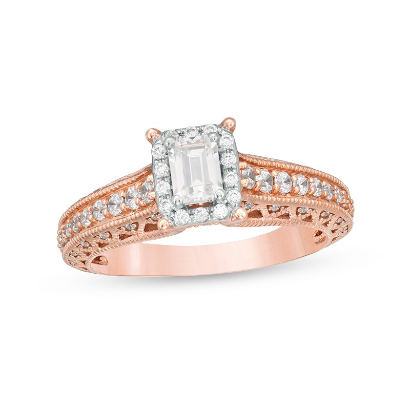 Previously Owned - 0.75 CT. T.W. Certified Canadian Emerald-Cut Diamond Frame Vintage-Style Engagement Ring in 14K Rose Gold (I/SI2)