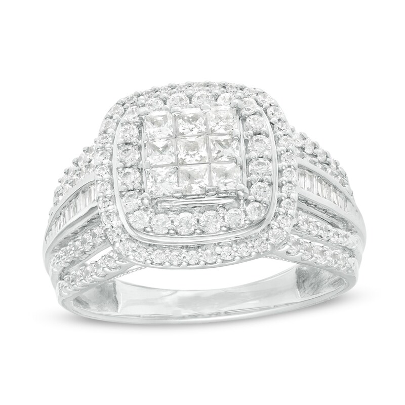 Previously Owned - 1.00 CT. T.W. Princess-Cut Composite Diamond Double Frame Multi-Row Engagement Ring in 10K White Gold