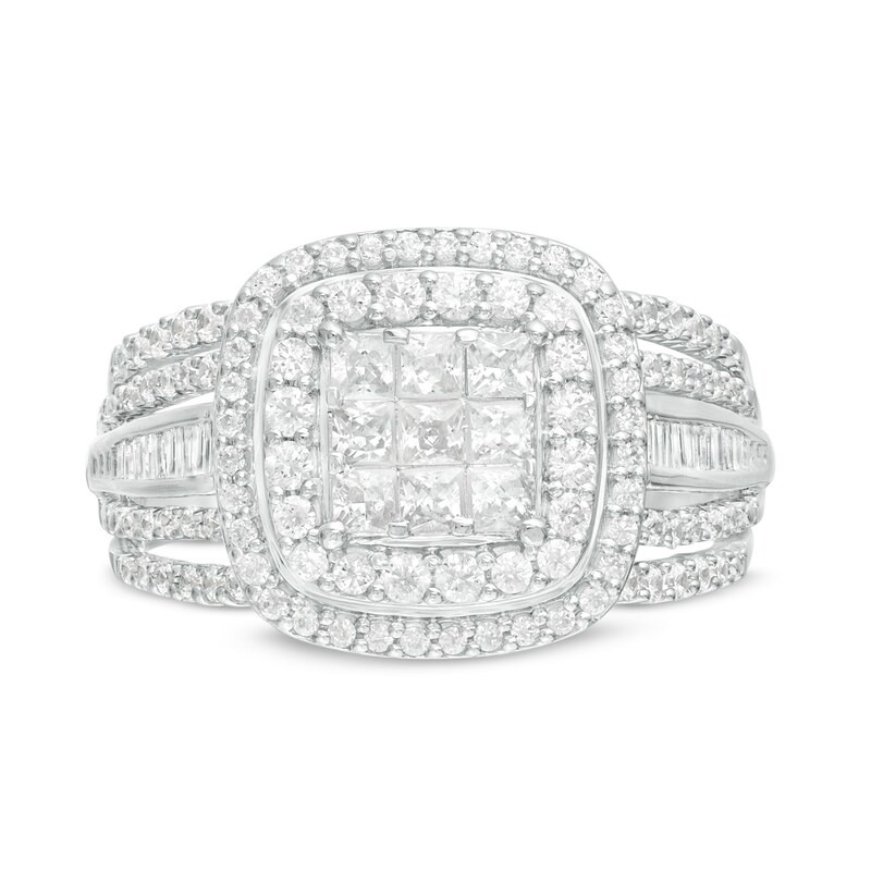 Previously Owned - 1.00 CT. T.W. Princess-Cut Composite Diamond Double Frame Multi-Row Engagement Ring in 10K White Gold