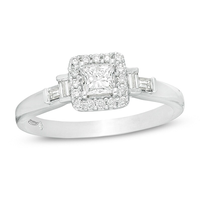 Previously Owned - Emmy London 0.50 CT. T.W. Certified Princess-Cut Diamond Frame Collar Engagement Ring in 18K White Gold (F/VS2)