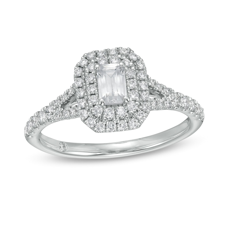 Previously Owned - Emmy London 0.80 CT. T.W. Certified Emerald-Cut Diamond Double Frame Engagement Ring in 18K White Gold (F/VS2)