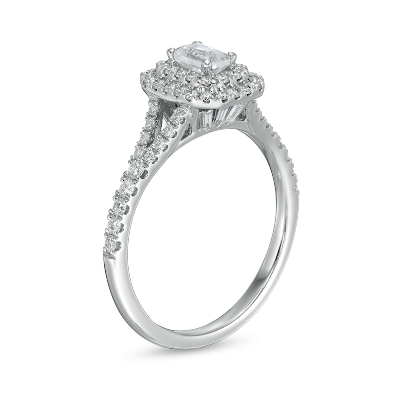 Previously Owned - Emmy London 0.80 CT. T.W. Certified Emerald-Cut Diamond Double Frame Engagement Ring in 18K White Gold (F/VS2)