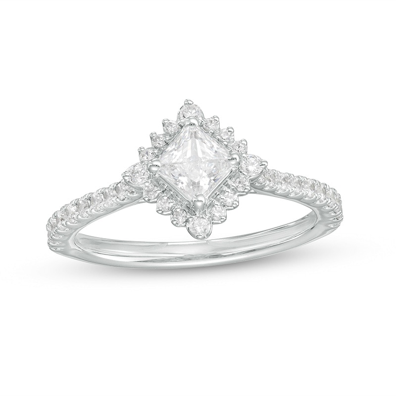 Previously Owned - 0.75 CT. T.W. Princess-Cut Diamond Shadow Frame Tilted Engagement Ring in 14K White Gold