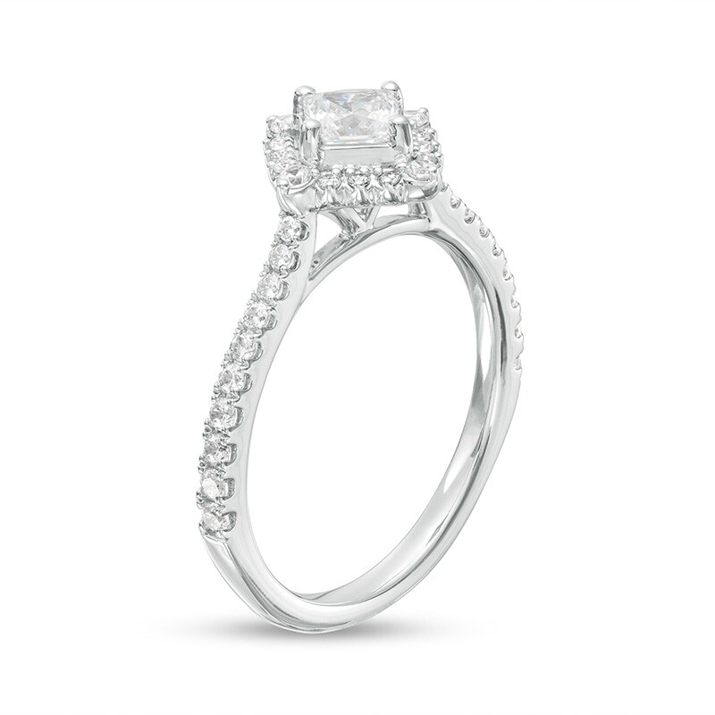 Previously Owned - 0.75 CT. T.W. Princess-Cut Diamond Shadow Frame Tilted Engagement Ring in 14K White Gold