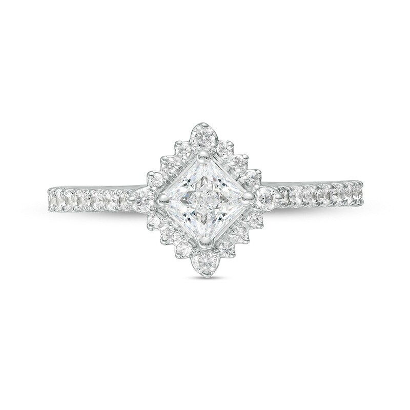 Previously Owned - 0.75 CT. T.W. Princess-Cut Diamond Shadow Frame Tilted Engagement Ring in 14K White Gold