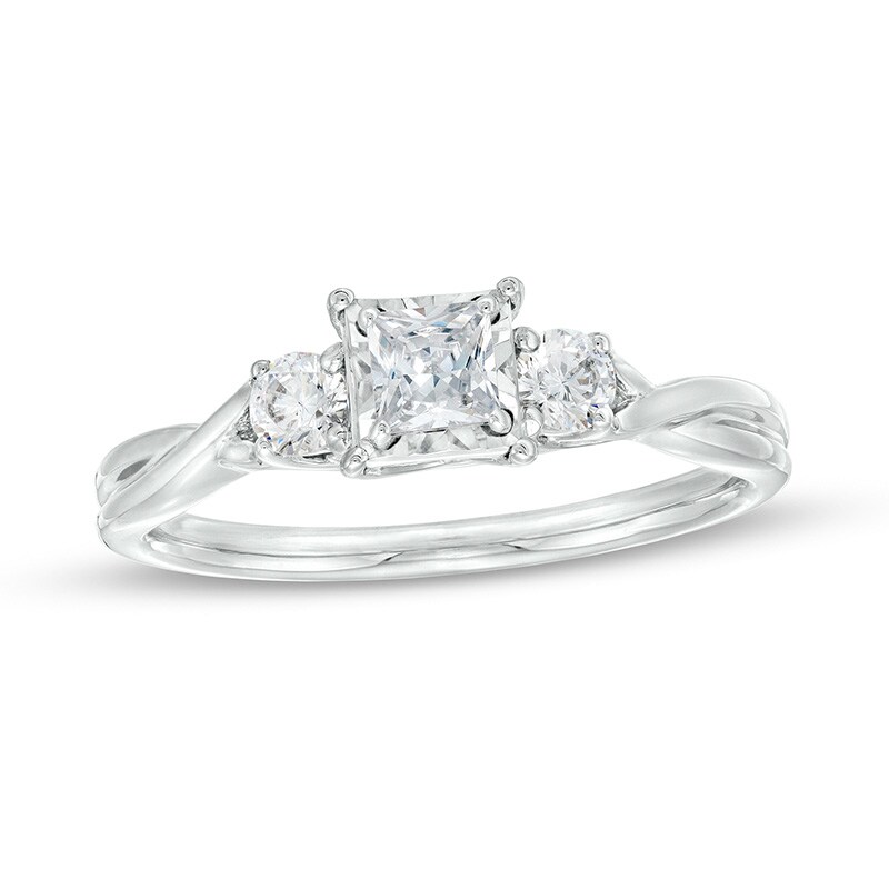 Previously Owned - 0.50 CT. T.W. Princess-Cut Diamond Past Present Future® Twist Shank Engagement Ring in 10K White Gold