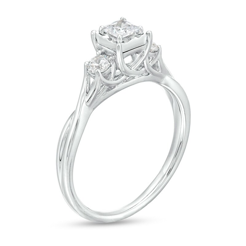 Previously Owned - 0.50 CT. T.W. Princess-Cut Diamond Past Present Future® Twist Shank Engagement Ring in 10K White Gold