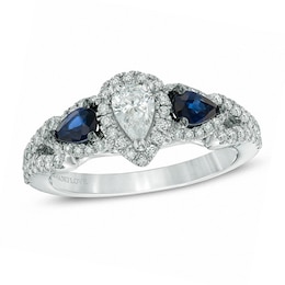 Previously Owned - Vera Wang Love Collection 0.70 CT. T.W. Pear-Shaped Diamond and Blue Sapphire Frame Ring in 14K White Gold