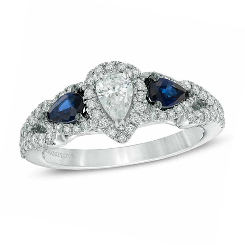 Main Image 1 of Previously Owned - Vera Wang Love Collection 0.70 CT. T.W. Pear-Shaped Diamond and Blue Sapphire Frame Ring in 14K White Gold