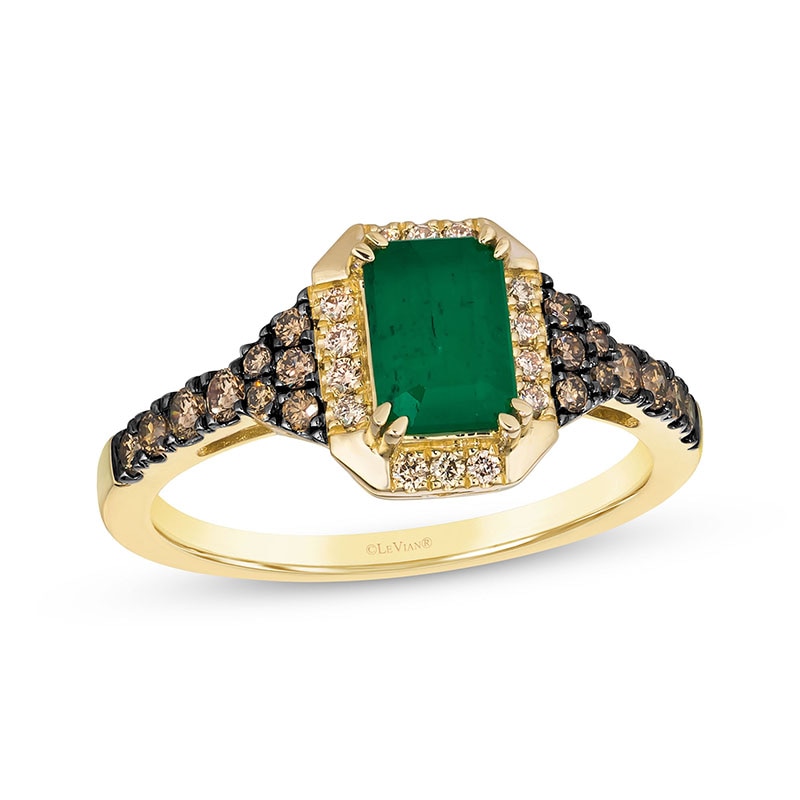 Previously Owned - Le Vian® Emerald-Cut Costa Smeralda Emerald™ and 0.36 CT. T.W. Diamond Frame Ring in 14K Honey Gold™