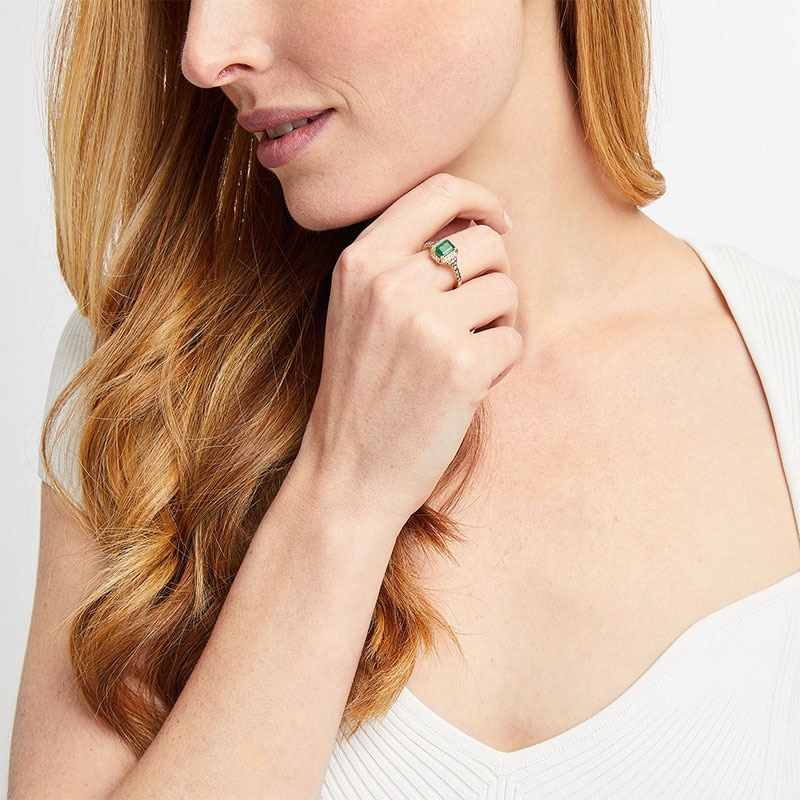 Previously Owned - Le Vian® Emerald-Cut Costa Smeralda Emerald™ and 0.36 CT. T.W. Diamond Frame Ring in 14K Honey Gold™