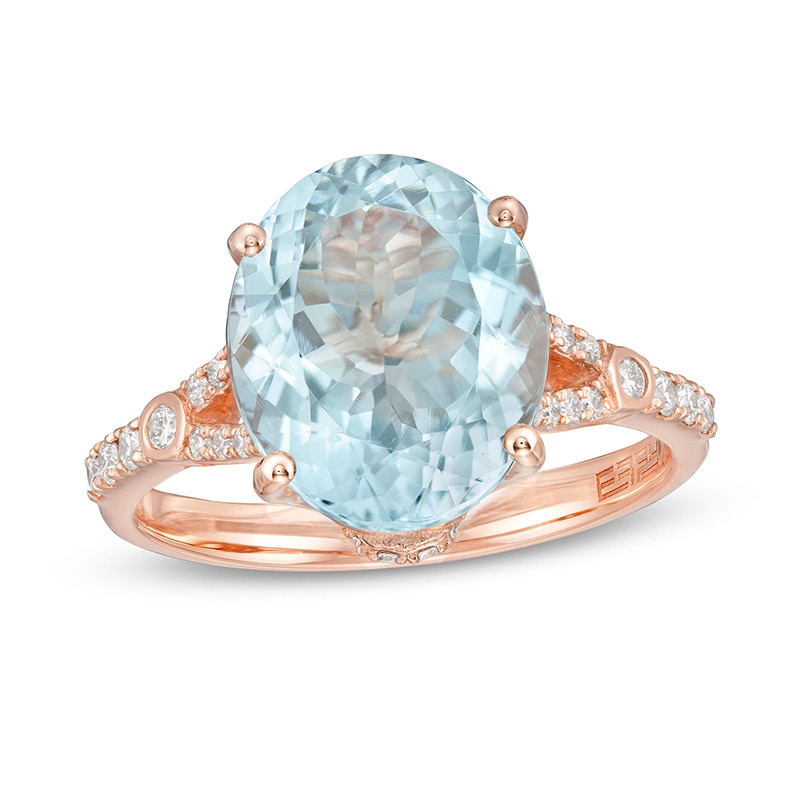 Previously Owned - EFFY™ Collection Oval Aquamarine and 0.19 CT. T.W. Diamond Split Shank Ring in 14K Rose Gold