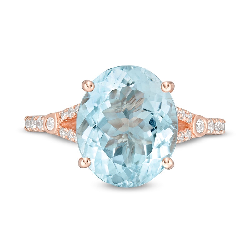 Previously Owned - EFFY™ Collection Oval Aquamarine and 0.19 CT. T.W. Diamond Split Shank Ring in 14K Rose Gold