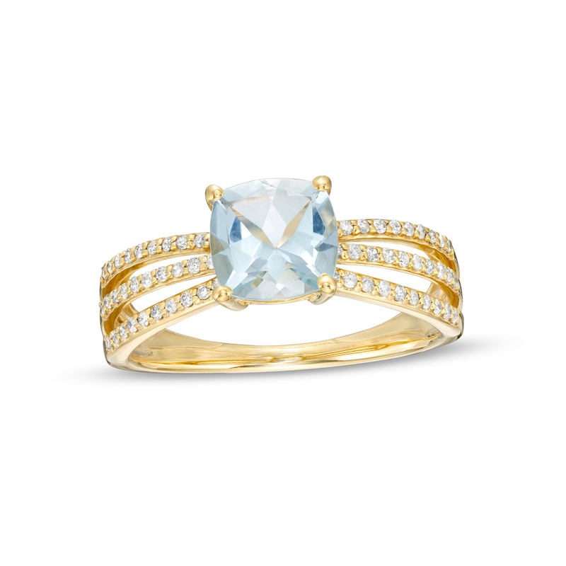 Previously Owned - 7.0mm Cushion-Cut Aquamarine and 0.18 CT. T.W. Diamond Triple Row Split Shank Ring in 10K Gold