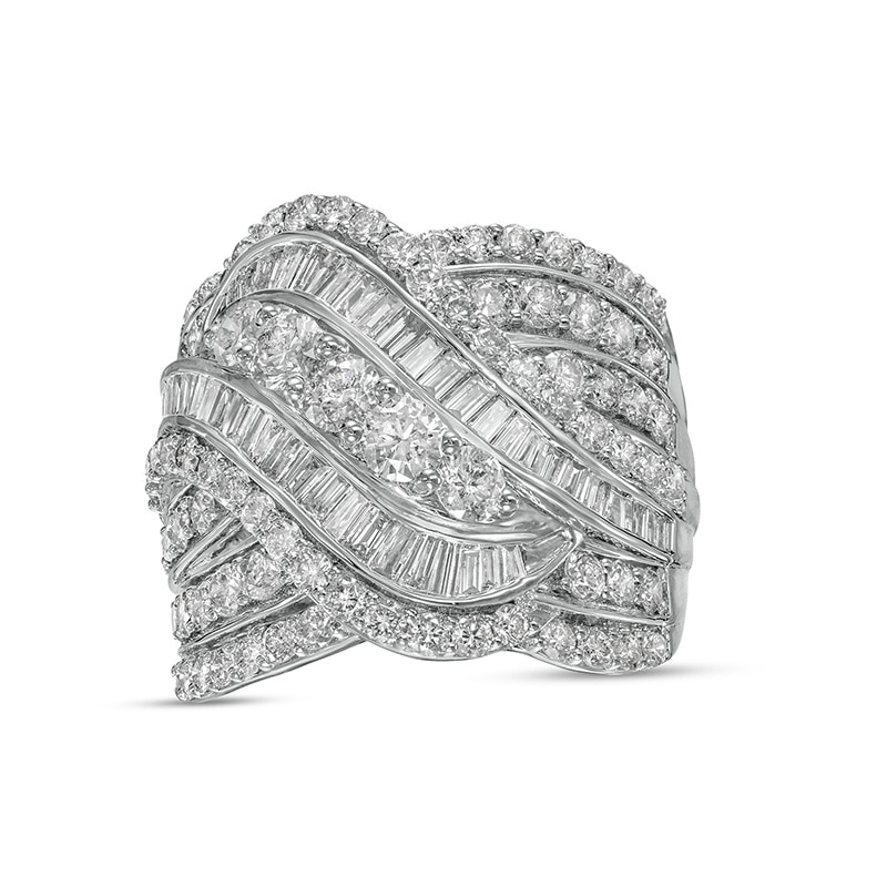 Previously Owned - 3.00 CT. T.W. Baguette and Round Diamond Multi-Row Crossover Ring in 10K White Gold