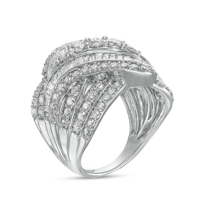 Previously Owned - 3.00 CT. T.W. Baguette and Round Diamond Multi-Row Crossover Ring in 10K White Gold