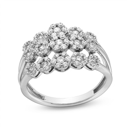 Previously Owned - 0.70 CT. T.W. Multi-Diamond Flower Triple Row Split Shank Ring in 10K White Gold