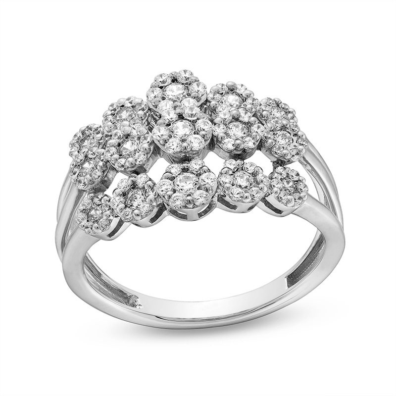Previously Owned - 0.70 CT. T.W. Multi-Diamond Flower Triple Row Split Shank Ring in 10K White Gold