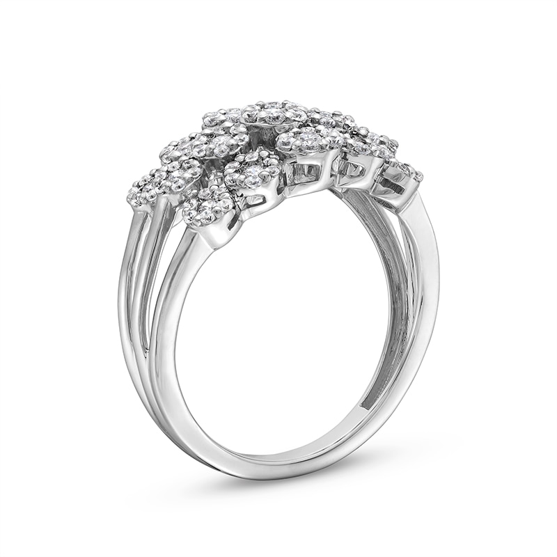 Previously Owned - 0.70 CT. T.W. Multi-Diamond Flower Triple Row Split Shank Ring in 10K White Gold