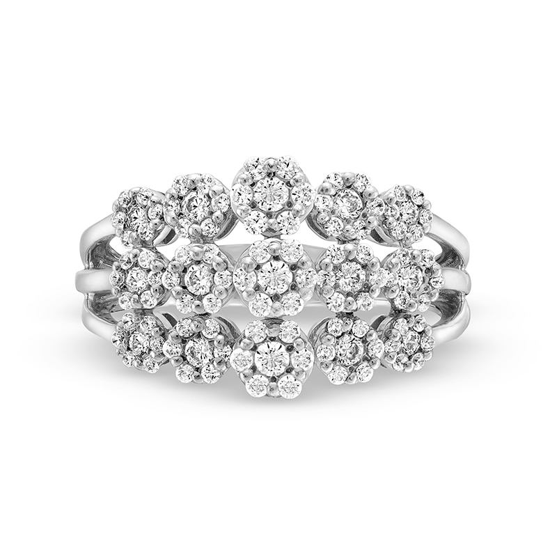 Previously Owned - 0.70 CT. T.W. Multi-Diamond Flower Triple Row Split Shank Ring in 10K White Gold