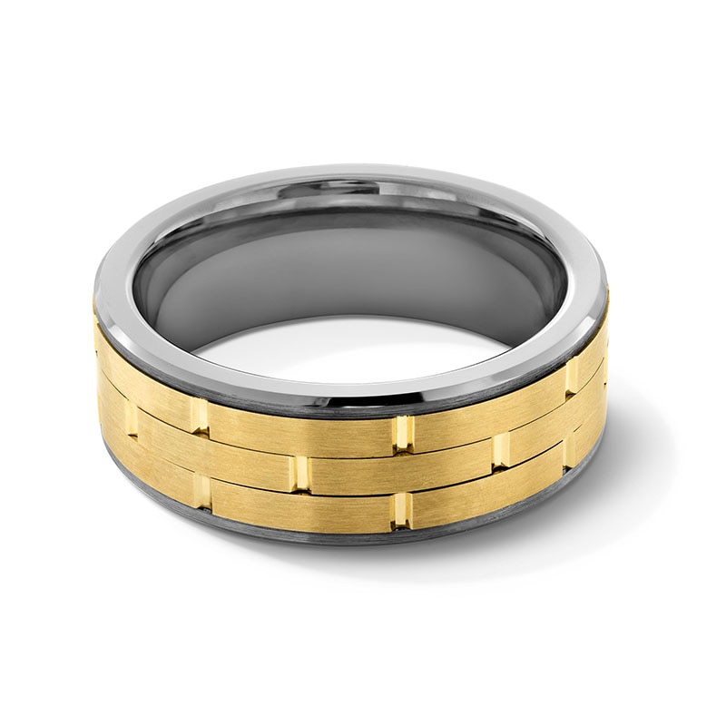 Previously Owned - 8.0mm Brick-Pattern Wedding Band in Tungsten and 14K Gold - Size 10