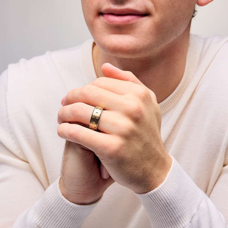 Previously Owned - 8.0mm Brick-Pattern Wedding Band in Tungsten and 14K Gold - Size 10