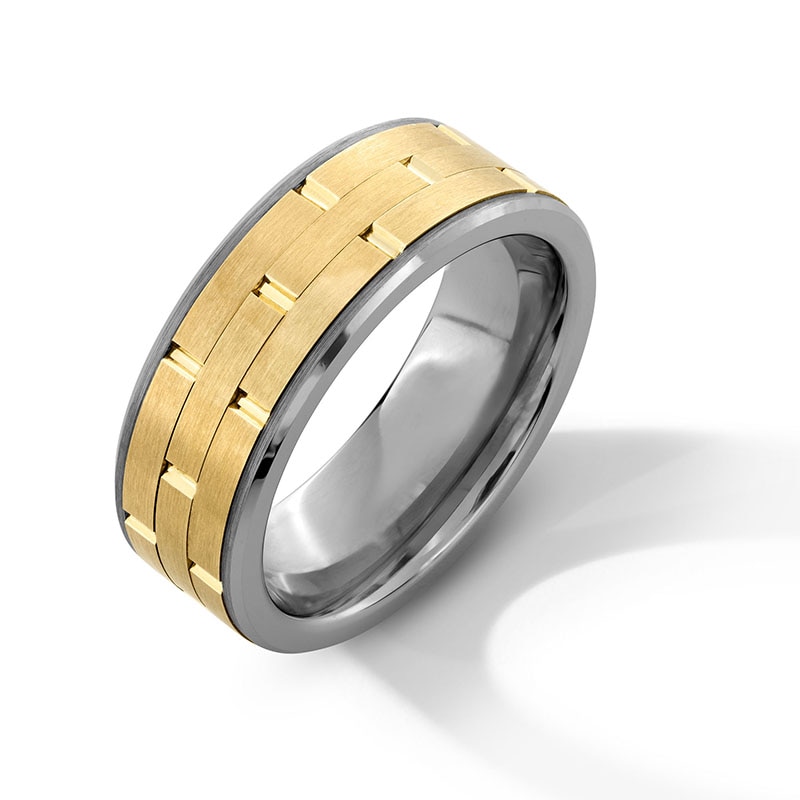 Previously Owned - 8.0mm Brick-Pattern Wedding Band in Tungsten and 14K Gold - Size 10