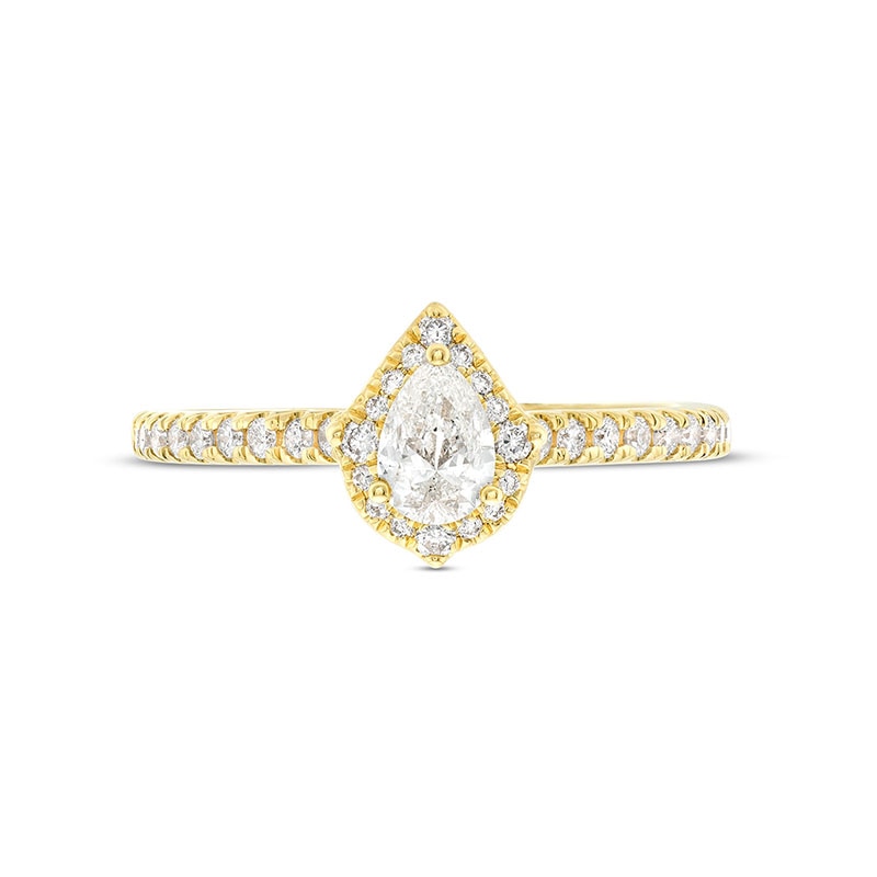 Previously Owned - Celebration Infinite™ Canadian Certified Pear-Shaped Centre Diamond 0.69 CT. T.W. Frame Engagement Ring in 14K Gold