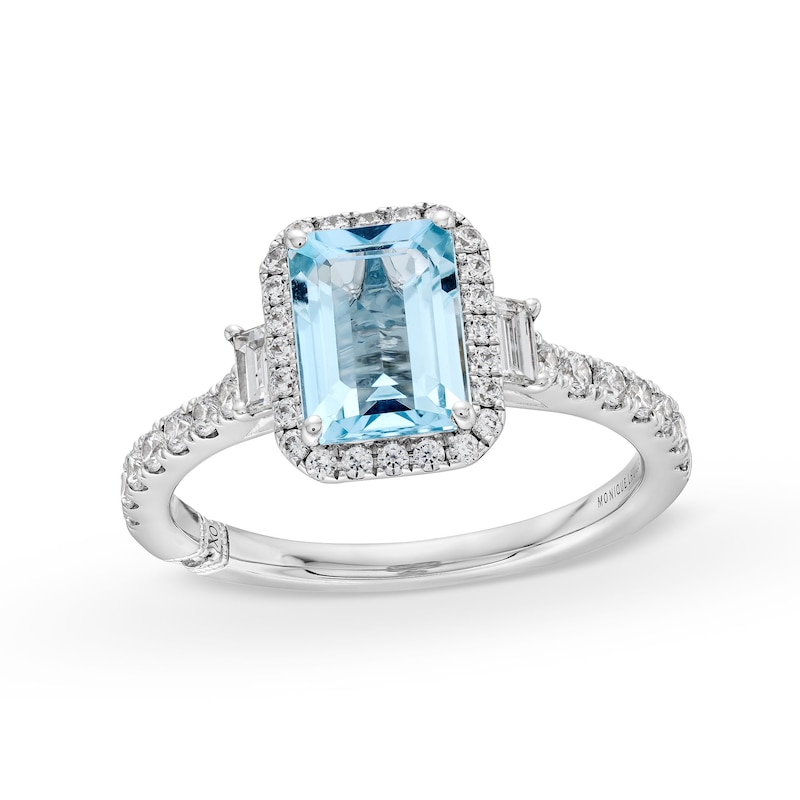 Previously Owned - Monique Lhuillier Bliss Emerald-Cut Aquamarine and 0.45 CT. T.W. Frame Engagement Ring in 14K White Gold