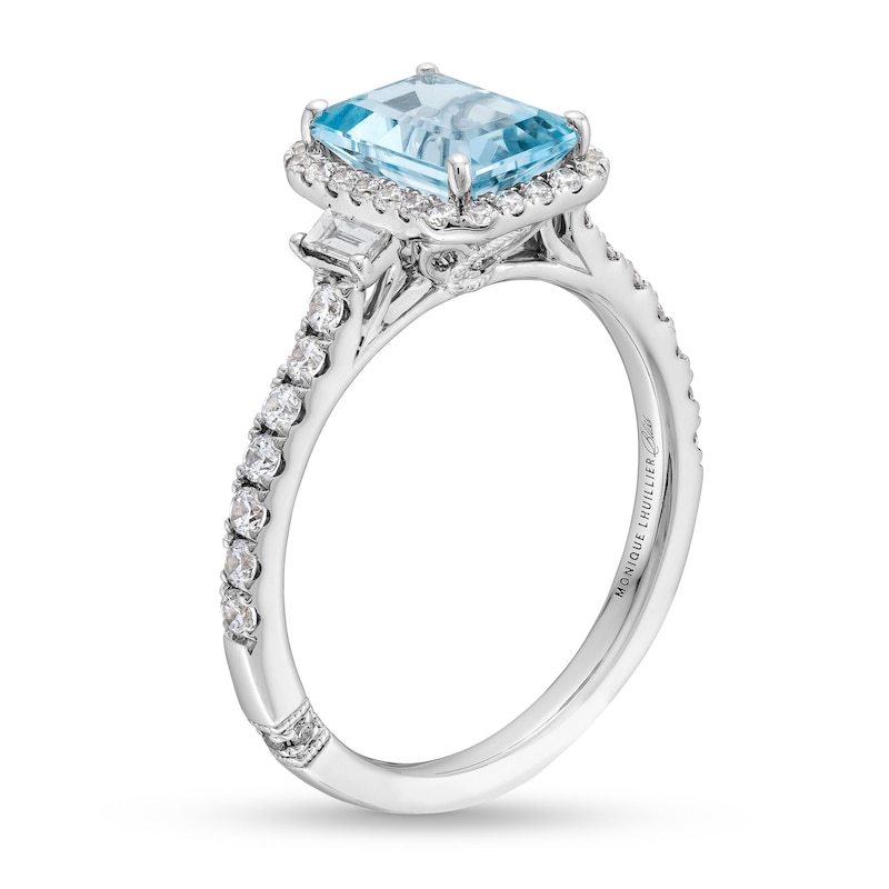 Previously Owned - Monique Lhuillier Bliss Emerald-Cut Aquamarine and 0.45 CT. T.W. Frame Engagement Ring in 14K White Gold