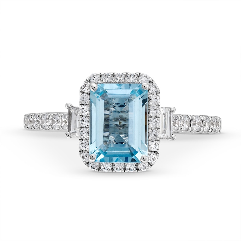 Previously Owned - Monique Lhuillier Bliss Emerald-Cut Aquamarine and 0.45 CT. T.W. Frame Engagement Ring in 14K White Gold
