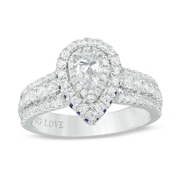 Previously Owned - Vera Wang Love Collection 0.95 CT. T.W. Pear-Shaped Diamond and Sapphire Double Frame Engagement Ring in 14K White Gold