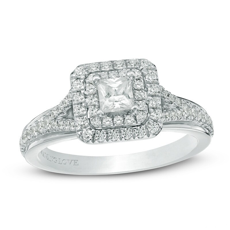 Previously Owned - Vera Wang Love Collection 0.58 CT. T.W. Princess-Cut Diamond Double Frame Engagement Ring in 14K Gold (I/SI2)
