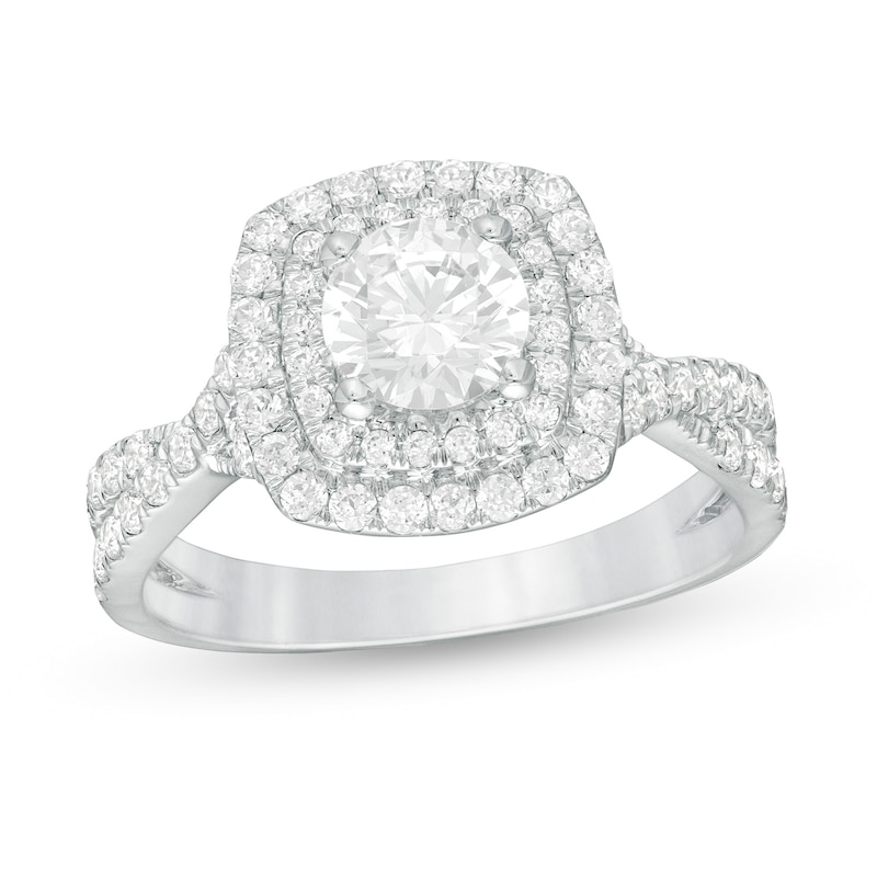 Previously Owned - 1.50 CT. T.W. Certified Lab-Grown Diamond Cushion Frame Twist Shank Engagement Ring in 14K White Gold (F/SI2)