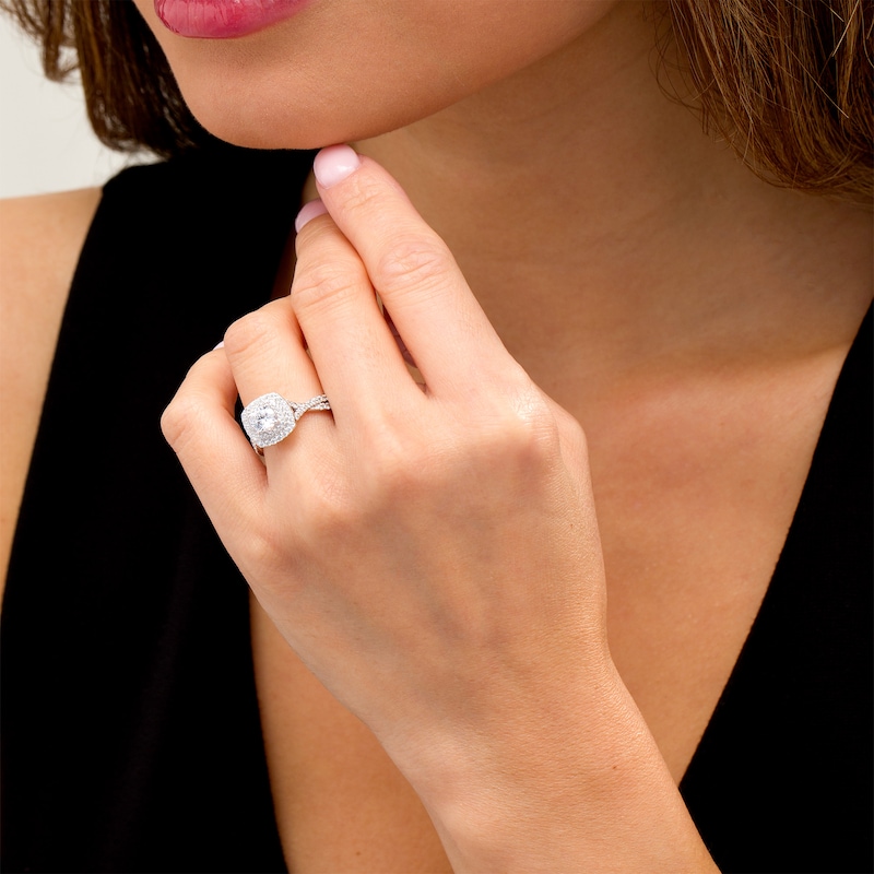 Previously Owned - 1.50 CT. T.W. Certified Lab-Grown Diamond Cushion Frame Twist Shank Engagement Ring in 14K White Gold (F/SI2)
