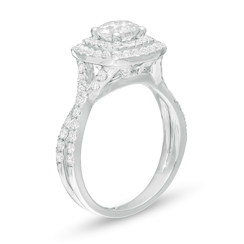 Previously Owned - 1.50 CT. T.W. Certified Lab-Grown Diamond Cushion Frame Twist Shank Engagement Ring in 14K White Gold (F/SI2)
