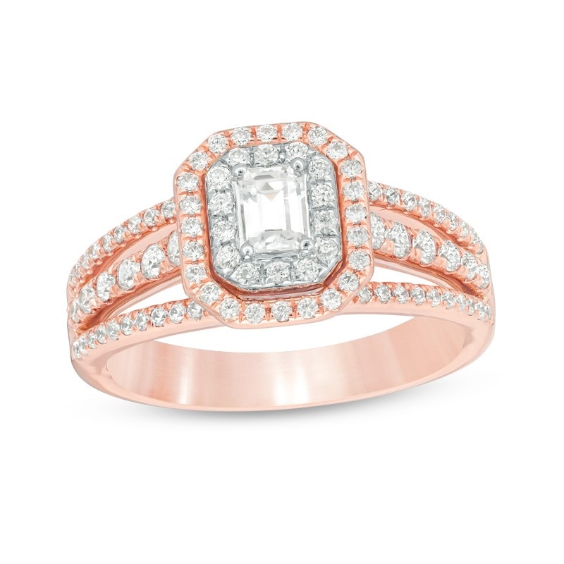 Previously Owned - Celebration Canadian Ideal 1.00 CT. T.W. Emerald-Cut Certified Diamond Double Frame Engagement Ring in 14K Two-Tone Gold (I/SI2)