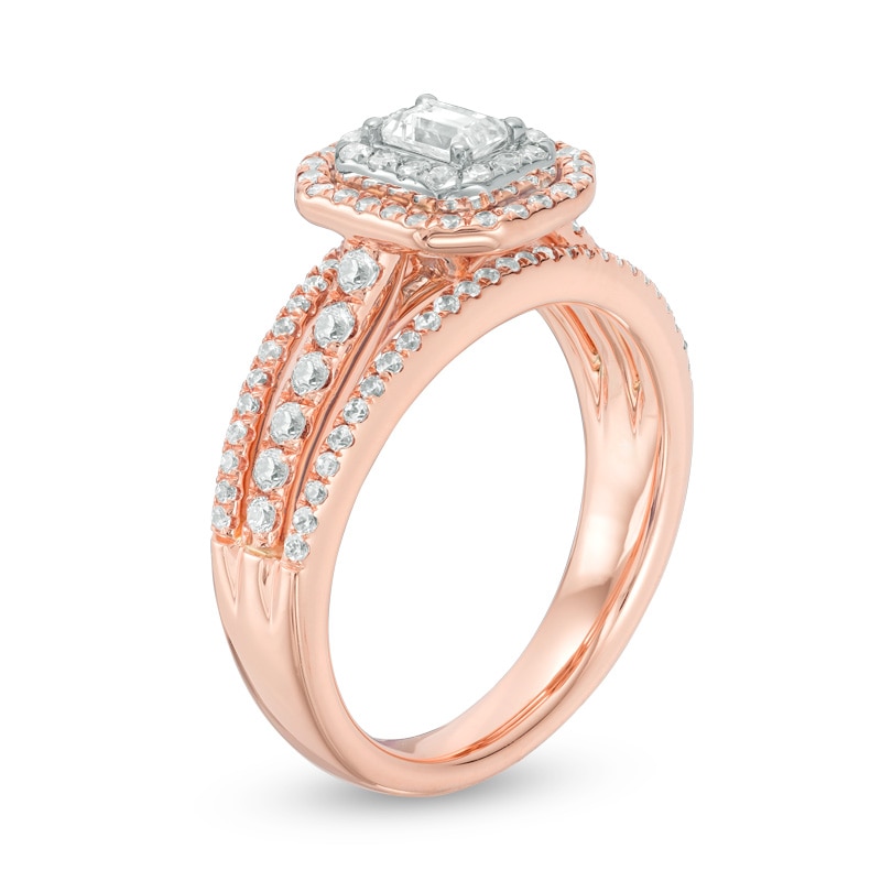 Previously Owned - Celebration Canadian Ideal 1.00 CT. T.W. Emerald-Cut Certified Diamond Double Frame Engagement Ring in 14K Two-Tone Gold (I/SI2)