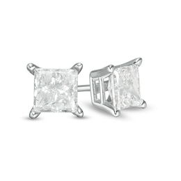Previously Owned - 1.00 CT. T.W. Princess-Cut Diamond Solitaire Stud Earrings in 14K White Gold (J/I3)