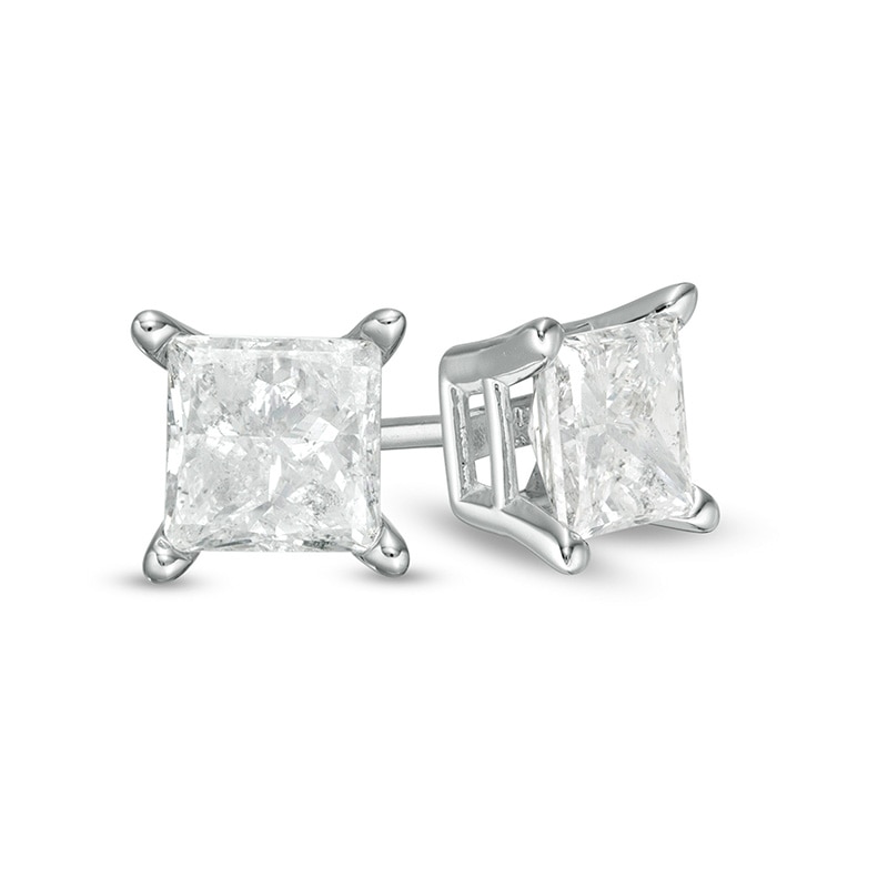 Main Image 1 of Previously Owned - 1.00 CT. T.W. Princess-Cut Diamond Solitaire Stud Earrings in 14K White Gold (J/I3)