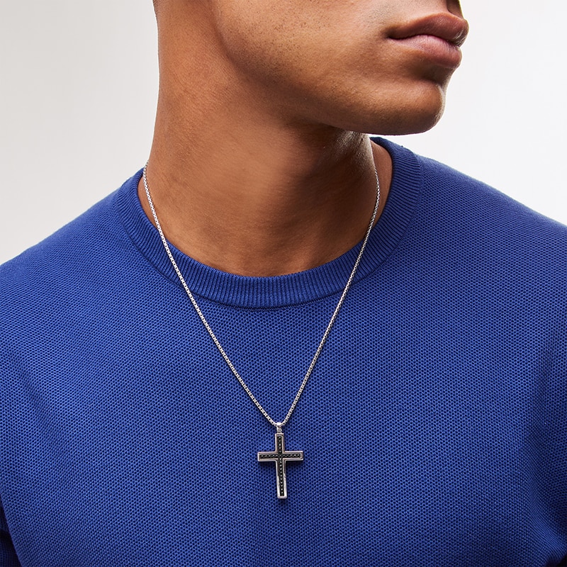Previously Owned - Vera Wang Men 0.95 CT. T.W. Black Diamond Cross Pendant in Sterling Silver and Black Ruthenium - 22"