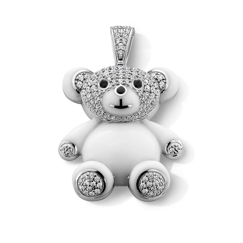 Previously Owned - 0.50 CT. T.W. Black and White Diamond Ceramic Teddy Bear Necklace Charm in Sterling Silver