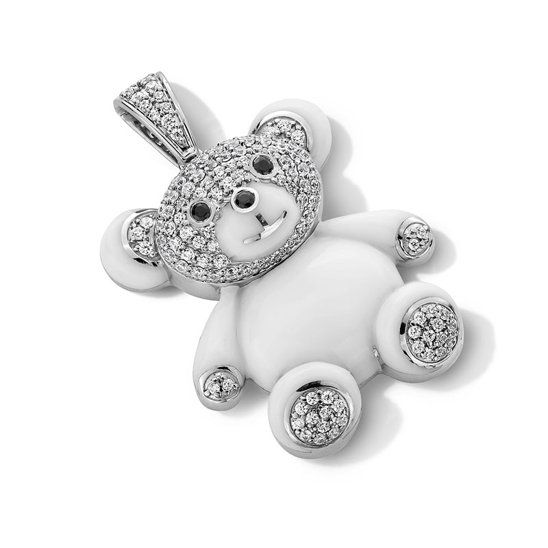 Previously Owned - 0.50 CT. T.W. Black and White Diamond Ceramic Teddy Bear Necklace Charm in Sterling Silver