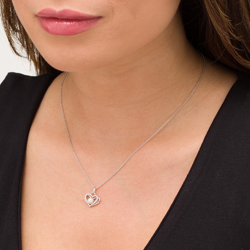 Previously Owned - The Kindred Heart from Vera Wang Love Collection Freshwater Cultured Pearl and Diamond Pendant in Sterling Silver-19"