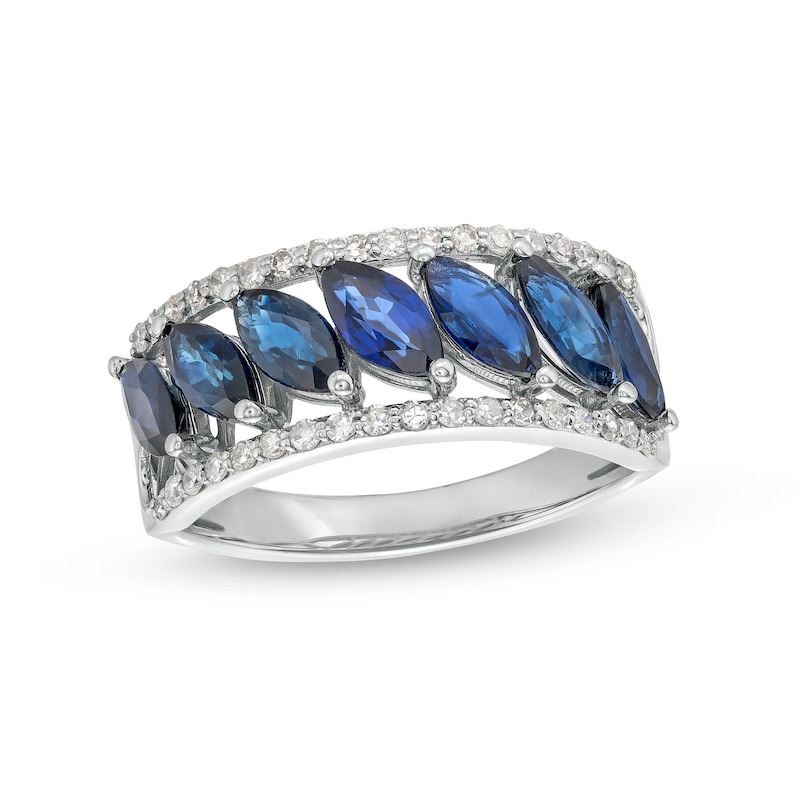 Previously Owned - Slanted Marquise-Cut Blue Sapphire and 0.20 CT. T.W. Diamond Edge Band in 10K White Gold